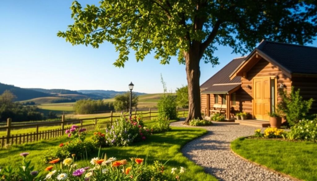 A cozy, inviting home belonging to Jarek Onopiuk, nestled in a picturesque rural landscape. In the foreground, a well-kept garden with vibrant flowers and lush greenery, leading to a charming, single-story cottage with wooden accents and a warm, welcoming door. The middle ground features a peaceful gravel path that winds up to the house, flanked by trees casting gentle shadows. In the background, rolling hills under a clear blue sky, suggesting tranquility and connection to nature. Soft afternoon sunlight bathes the scene in a golden hue, creating a serene and comforting atmosphere. The image should evoke a sense of warmth, belonging, and the peaceful charm of rural living.
