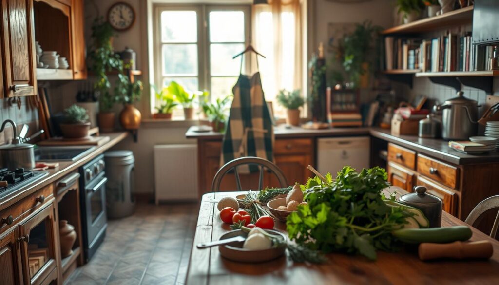 A cozy, inviting kitchen in a charming Polish home, showcasing warm wooden cabinetry and vintage culinary tools. In the foreground, a well-stocked wooden table is filled with fresh ingredients like herbs, vegetables, and spices, reflecting a passion for cooking. The middle ground features a chef’s apron hanging on a chair, subtly hinting at the culinary adventures of a renowned traveler. In the background, soft sunlight streams through a window, casting a warm glow over the scene, enhancing the homey atmosphere. The space is filled with plants and cookbooks, creating a vibrant ambiance that conveys a love of gastronomy and comfort. The angle is slightly elevated, giving a view of the welcoming kitchen environment. The overall mood is warm, inviting, and inspiring, perfect for a culinary enthusiast.