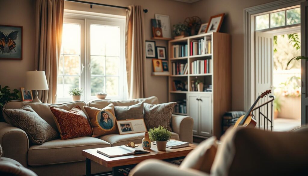 A cozy living room setting that reflects the personal life of Sławomir, featuring a soft, inviting sofa with colorful throw pillows and a coffee table adorned with personal mementos like family photos and musical instruments. In the foreground, a window lets in warm, golden sunlight, creating a tranquil atmosphere. In the middle ground, a bookshelf filled with books and some framed awards showcases Sławomir's achievements and interests. The background hints at a charming view of a garden outside, adding to the sense of homeliness. Capture this scene with a shallow depth of field, using natural lighting to evoke a warm and welcoming mood, emphasizing the essence of Sławomir's private life in an intimate and relatable way.