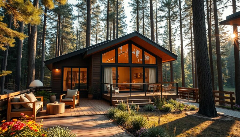 A cozy, modern cabin nestled in a lush forest, symbolizing the home of streamer Isamu. In the foreground, a warm wooden deck with comfortable outdoor furniture invites relaxation. A well-kept garden with colorful flowers frames the entrance, enhancing the welcoming ambiance. In the middle ground, the stylish, rustic cabin features large windows displaying a warm, inviting interior with soft lighting casting a golden glow. Surrounding tall pine trees create a serene, natural backdrop, with sunlight filtering through the leaves, casting dappled shadows on the ground. The atmosphere is calm and peaceful, perfect for an inspiring living environment. The image captures the essence of a contemporary yet homely retreat, ideal for a content creator. No people are present, emphasizing the tranquility of the setting.