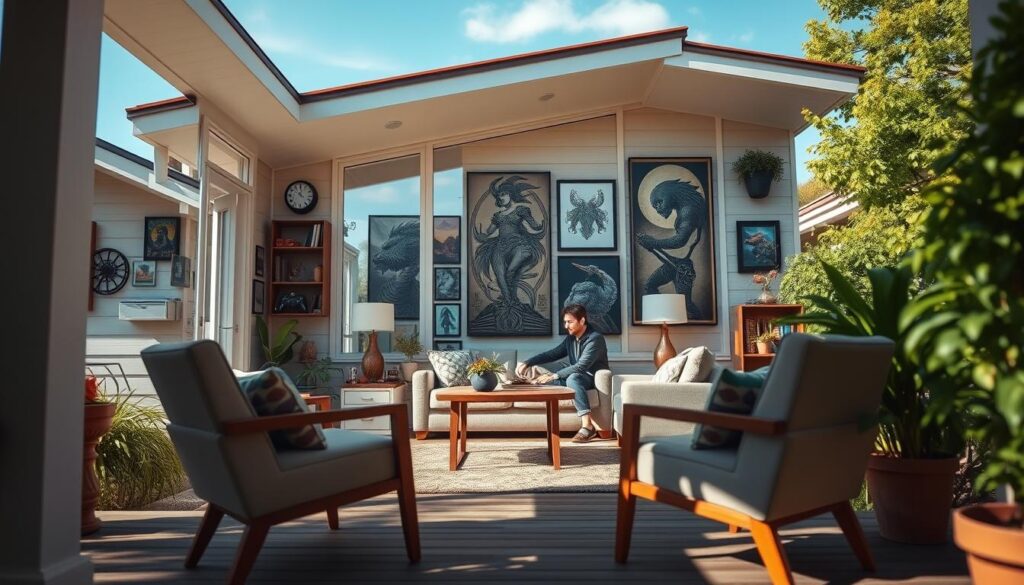 A cozy, modern home decorated with gaming memorabilia, nestled in a scenic neighborhood. In the foreground, a welcoming porch with two stylish chairs. The middle area features a spacious living room with large windows, letting in soft, natural light, showcasing intricate gaming-inspired artwork on the walls. Vito and Bella, depicted as creators in smart casual attire, are engaged in a friendly discussion over their latest project. In the background, vibrant greenery surrounds the house, with a clear blue sky overhead. The angle captures the warmth of the setting, evoking a creative and collaborative atmosphere, inviting viewers into their world as gaming innovators. A cozy, modern home decorated with gaming memorabilia, nestled in a scenic neighborhood. In the foreground, a welcoming porch with two stylish chairs. The middle area features a spacious living room with large windows, letting in soft, natural light, showcasing intricate gaming-inspired artwork on the walls. Vito and Bella, depicted as creators in smart casual attire, are engaged in a friendly discussion over their latest project. In the background, vibrant greenery surrounds the house, with a clear blue sky overhead. The angle captures the warmth of the setting, evoking a creative and collaborative atmosphere, inviting viewers into their world as gaming innovators.