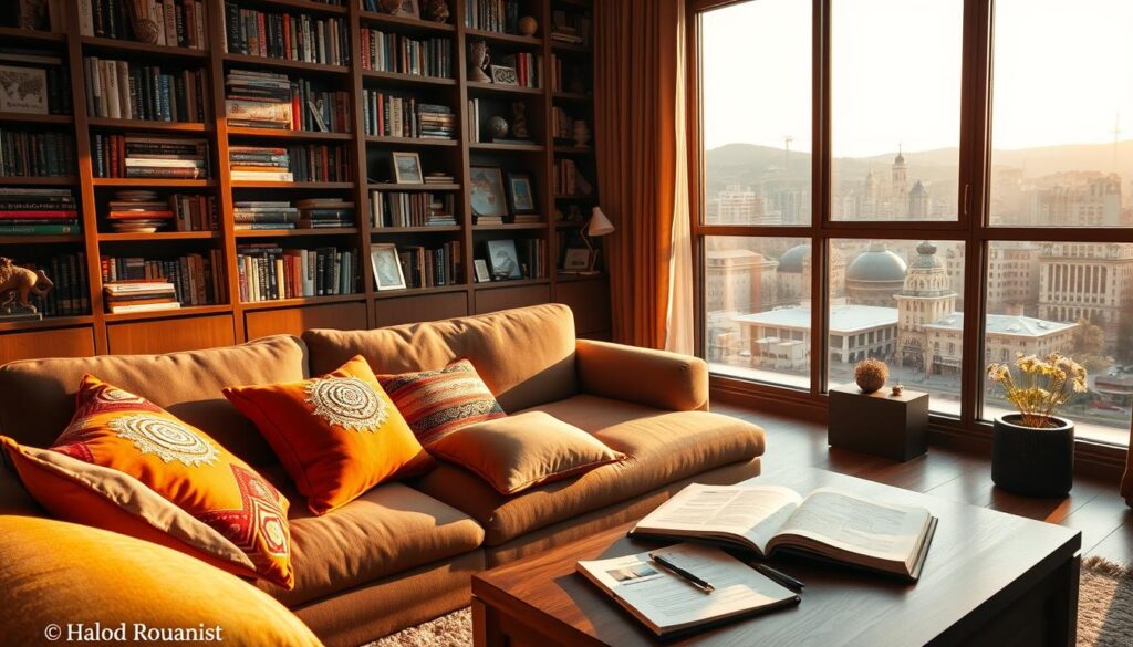 A cozy, modern home interior that represents the residence of a journalist and traveler, featuring a stylish living room with a large bookshelf filled with travel books and cultural artifacts. A large window reveals a scenic view of a vibrant city landscape, bathed in warm afternoon sunlight. In the foreground, a comfortable sofa adorned with colorful cushions invites relaxation. On a coffee table, an open laptop and a travel journal hint at creative pursuits. The room exudes a sense of warmth and inspiration, with soft shadows adding depth. Capture this scene from a slightly elevated angle to create a dynamic perspective, ensuring an inviting and professional atmosphere.