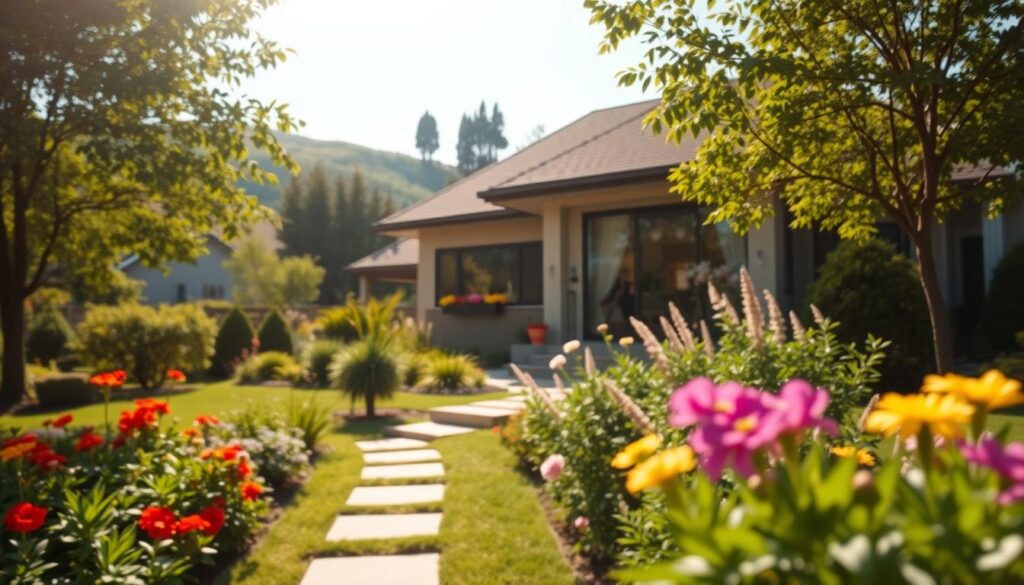 A cozy, modern home nestled in a lush, green neighborhood that reflects the charm of Sanah's life. In the foreground, a beautifully landscaped garden with vibrant flowers and a small pathway leading to the door. The middle ground features the house itself, showcasing large windows and a warm, inviting facade. Sunlight bathes the scene, creating a cheerful and serene atmosphere. In the background, gentle hills and trees add depth, suggesting a peaceful suburban setting. The angle is slightly elevated, giving a glimpse of the roof and creating a balanced composition. The overall mood of the image is relaxed and welcoming, encapsulating the essence of home.