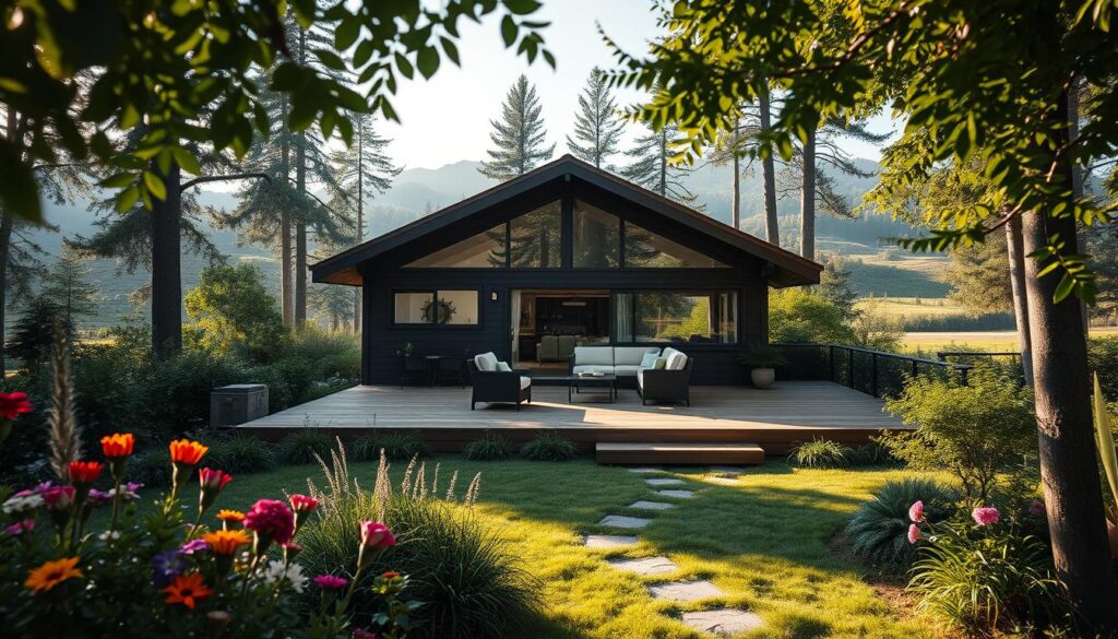A cozy, modern home surrounded by lush greenery, inspired by the architectural style of Adam Małysz's residence. In the foreground, include a well-kept garden with colorful flowers and a pathway leading to the front door. The middle layer features a spacious wooden deck with contemporary outdoor furniture, where soft sunlight casts gentle shadows. In the background, tall trees and rolling hills create a serene atmosphere, evoking a sense of tranquility and nature. The lighting is warm and inviting, capturing a perfect late afternoon glow. Shot from a slight angle to showcase the house's facade and the landscape, the overall mood is one of comfort and peaceful living, ideal for a legendary figure like Adam Małysz.