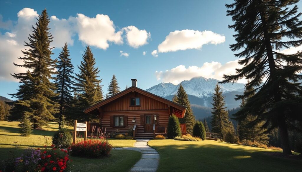 A cozy, picturesque house nestled in the serene Polish mountains, representing the home of Olympic champion Justyna Kowalczyk. In the foreground, a well-kept garden with vibrant flowers and a small pathway leading to the entrance. The middle layer showcases a charming wooden cottage with a sloped roof, surrounded by tall pine trees, exuding warmth and tranquility. In the background, majestic, snow-capped peaks tower under a bright blue sky with fluffy white clouds, hinting at winter sports. The lighting is soft and warm, suggesting a late afternoon glow that creates a welcoming atmosphere. The angle captures a slightly elevated view, allowing for a comprehensive view of the surrounding nature, inviting viewers to feel the peace of this idyllic retreat.