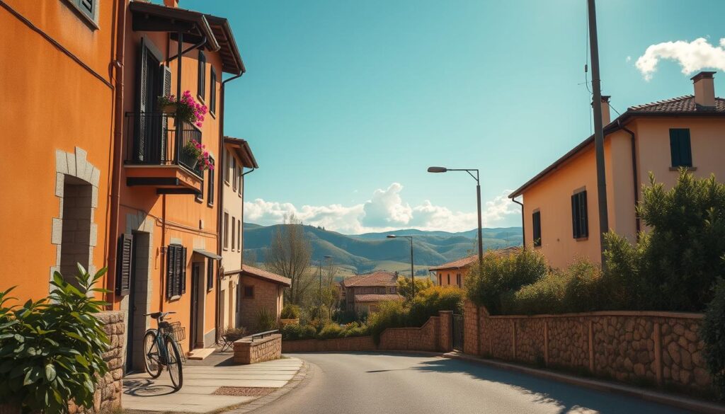 A cozy residential street in Italy where Nicola Zalewski lives, featuring charming Italian architecture with warm, earthy tones. The foreground includes lush green plants and a bicycle parked by a quaint stone wall, symbolizing a youthful lifestyle. In the middle ground, a modern apartment building with balconies adorned with flowers stands out. The background showcases rolling hills under a bright blue sky, with soft, fluffy clouds adding a dreamy atmosphere. The scene is bathed in warm, golden sunlight, creating a welcoming and serene mood. The perspective is slightly elevated, offering a panoramic view that highlights the beauty of the neighborhood while maintaining a focus on the essence of a young footballer's private life.