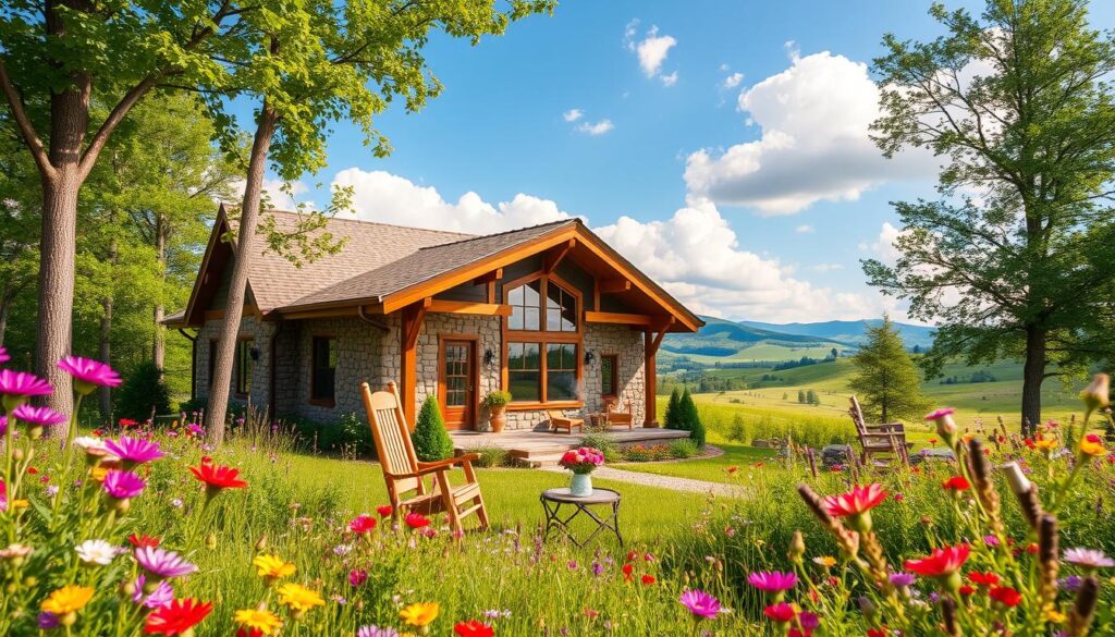 A cozy, rustic home nestled in a lush green landscape, surrounded by tall trees and colorful wildflowers in full bloom. The foreground features a welcoming porch with comfortable wooden rocking chairs, a small table with a steaming cup of tea, and a vase of fresh blossoms. In the middle ground, the house, made of warm stone and timber, has large windows reflecting sunlight, inviting a warm and peaceful atmosphere. The background boasts rolling hills under a clear blue sky with soft, fluffy clouds drifting lazily. The mood is serene and tranquil, capturing the essence of a harmonious life. Use soft, natural lighting that highlights the textures of the house and the vibrancy of the surroundings, with a wide-angle lens to encompass the beauty of the scene.