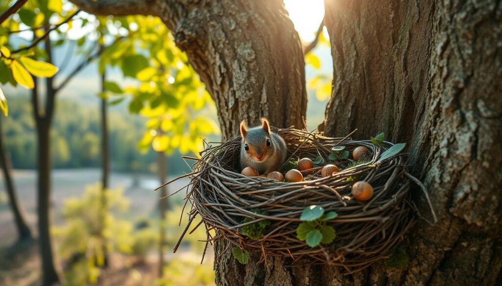 A cozy squirrel nest nestled high in a tree, showcasing a well-crafted structure made of twigs, leaves, and moss. The foreground captures close-up details of the nest, with tiny acorns and scattered twigs around it, symbolizing the squirrels' industrious nature. The middle portion features a gnarled tree trunk with textured bark, surrounded by vibrant green foliage and a hint of sunlight filtering through, creating a warm, inviting atmosphere. In the background, a blurred landscape of a serene forest adds depth, with hints of other trees and soft, dappled light. The mood is tranquil and harmonious, evoking the natural habitat of squirrels. The scene is illuminated by soft, golden sunlight, enhancing the sense of warmth and safety. A cozy squirrel nest nestled high in a tree, showcasing a well-crafted structure made of twigs, leaves, and moss. The foreground captures close-up details of the nest, with tiny acorns and scattered twigs around it, symbolizing the squirrels' industrious nature. The middle portion features a gnarled tree trunk with textured bark, surrounded by vibrant green foliage and a hint of sunlight filtering through, creating a warm, inviting atmosphere. In the background, a blurred landscape of a serene forest adds depth, with hints of other trees and soft, dappled light. The mood is tranquil and harmonious, evoking the natural habitat of squirrels. The scene is illuminated by soft, golden sunlight, enhancing the sense of warmth and safety.