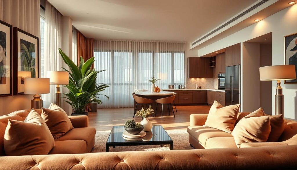 A cozy, stylish apartment interior reflecting a modern celebrity lifestyle. In the foreground, a well-furnished living room features a plush sofa adorned with elegant cushions, a chic coffee table, and sophisticated decor elements like framed artwork and soft lighting from contemporary lamps. The middle ground showcases large windows with sheer curtains, allowing natural sunlight to flood the space, highlighting a green indoor plant and tasteful accessories. In the background, there is a glimpse of a well-organized kitchen area, emphasizing cleanliness and order. The atmosphere is warm and inviting, with a sense of luxury and comfort. The scene is rendered in bright, uplifting colors, capturing the essence of a celebrity’s residence. The perspective is slightly elevated, creating a panoramic view of the space. A cozy, stylish apartment interior reflecting a modern celebrity lifestyle. In the foreground, a well-furnished living room features a plush sofa adorned with elegant cushions, a chic coffee table, and sophisticated decor elements like framed artwork and soft lighting from contemporary lamps. The middle ground showcases large windows with sheer curtains, allowing natural sunlight to flood the space, highlighting a green indoor plant and tasteful accessories. In the background, there is a glimpse of a well-organized kitchen area, emphasizing cleanliness and order. The atmosphere is warm and inviting, with a sense of luxury and comfort. The scene is rendered in bright, uplifting colors, capturing the essence of a celebrity’s residence. The perspective is slightly elevated, creating a panoramic view of the space.