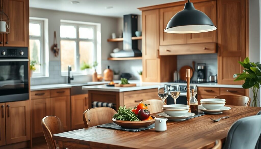 A cozy, stylish kitchen inspired by Justyna Steczkowska, featuring modern cabinetry in warm tones and elegant wooden accents. In the foreground, there is a rustic wooden dining table set with tasteful dinnerware, surrounded by tasteful dining chairs. In the middle, a chic kitchen island boasts fresh ingredients for cooking, like herbs and vibrant vegetables, creating a sense of warmth and creativity. The background showcases charming open shelves filled with decorative kitchenware and a window allowing soft, natural light to pour in, enhancing the inviting atmosphere. The scene is captured with a soft focus lens to create a warm and welcoming feeling, evoking the essence of a home where culinary creativity thrives.