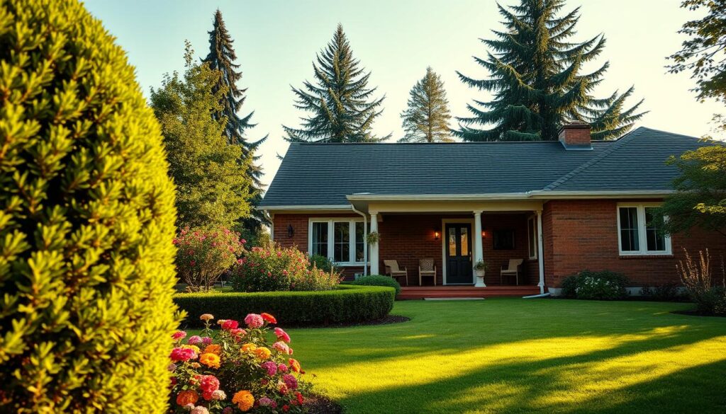 A cozy suburban home, with warm brick exterior and vibrant green hedges framing a perfectly manicured lawn. In the foreground, a charming garden blooming with colorful flowers adds a touch of liveliness. The middle ground features a welcoming porch with tasteful outdoor furniture, inviting a sense of comfort and relaxation. Soft, golden-hour sunlight bathes the scene, casting gentle shadows and enhancing the serene atmosphere. In the background, tall trees sway lightly, providing a sense of privacy and tranquility. The perspective is slightly elevated, giving a broader view of the residence while maintaining focus on the inviting details of the home. The overall mood conveys warmth, safety, and a sense of belonging, ideal for capturing the essence of Małgorzata Ostrowska's private life.