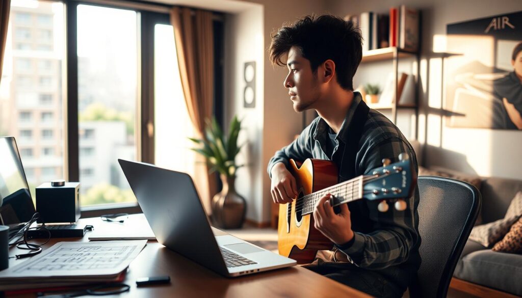 A cozy urban apartment setting where a young male musician, dressed in stylish casual clothes, is seen focused on his creative work. In the foreground, a well-organized desk with a laptop, musical notes, and a guitar. In the middle ground, the musician looks thoughtfully out of a large window with city views, perhaps a glimpse of greenery reflecting his connection to nature. The room is well-lit by soft, warm daylight streaming through the window, casting gentle shadows that create depth. The background showcases elements of a modern living space, including shelves with books and decorative items, enhancing a creative atmosphere. The mood is inspiring and reflective, emphasizing the artist's dedication to his craft. A cozy urban apartment setting where a young male musician, dressed in stylish casual clothes, is seen focused on his creative work. In the foreground, a well-organized desk with a laptop, musical notes, and a guitar. In the middle ground, the musician looks thoughtfully out of a large window with city views, perhaps a glimpse of greenery reflecting his connection to nature. The room is well-lit by soft, warm daylight streaming through the window, casting gentle shadows that create depth. The background showcases elements of a modern living space, including shelves with books and decorative items, enhancing a creative atmosphere. The mood is inspiring and reflective, emphasizing the artist's dedication to his craft.