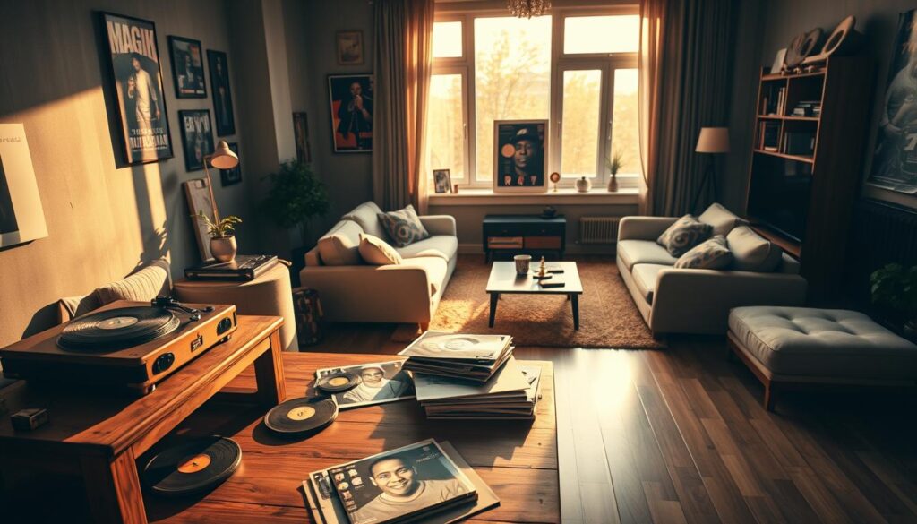 A cozy urban apartment that reflects the life of Magik, the legendary Polish rapper from Paktofonika. In the foreground, a small wooden table is adorned with a vintage record player and scattered vinyl records. The middle ground features an inviting living space with plush couches, framed posters of iconic rap albums on the walls, and a warm rug on a polished wooden floor. In the background, large windows allow soft, golden sunlight to filter in, casting gentle shadows. The overall atmosphere conveys nostalgia and creativity, evoking an intimate yet vibrant mood that captures the essence of Magik's artistic journey. Use a warm color palette with natural lighting, and consider a slightly elevated angle to encapsulate both the decor and the inviting ambiance of the space.