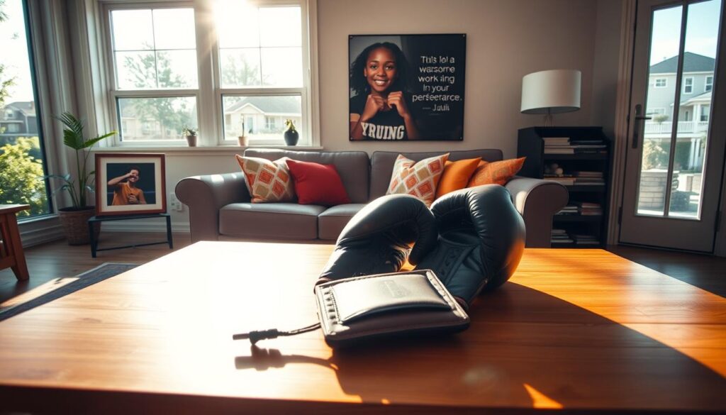 A cozy, well-lit living room representing the home of Julia Szeremeta, a young female boxer. In the foreground, a wooden coffee table with boxing gloves and a framed picture of Julia in action. The middle features a comfortable sofa with colorful cushions, and a motivational poster on the wall, showcasing an inspiring quote about perseverance. In the background, large windows reveal a sunny day outside, with some greenery and a neighborhood scene, emphasizing a sense of community. The lighting is warm and inviting, casting soft shadows across the room, creating a welcoming atmosphere. The angle is slightly elevated, giving a comprehensive view of the space, focused on warmth and the spirit of an ambitious young athlete's home. A cozy, well-lit living room representing the home of Julia Szeremeta, a young female boxer. In the foreground, a wooden coffee table with boxing gloves and a framed picture of Julia in action. The middle features a comfortable sofa with colorful cushions, and a motivational poster on the wall, showcasing an inspiring quote about perseverance. In the background, large windows reveal a sunny day outside, with some greenery and a neighborhood scene, emphasizing a sense of community. The lighting is warm and inviting, casting soft shadows across the room, creating a welcoming atmosphere. The angle is slightly elevated, giving a comprehensive view of the space, focused on warmth and the spirit of an ambitious young athlete's home.