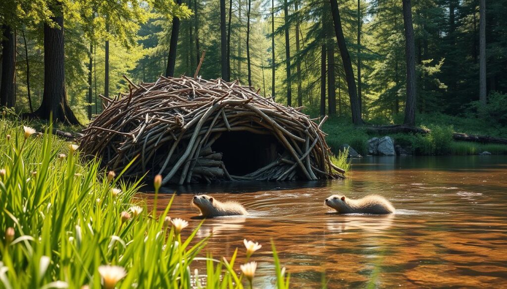 A detailed beaver lodge, or "żeremia," intricately built from branches and mud, nestled by a serene river edge. In the foreground, vibrant green grasses and wildflowers frame the lodge, while nearby, two beavers can be seen swimming gracefully in the clear water, their smooth fur glistening in the soft sunlight. The middle ground showcases the lodge itself, sturdy and carefully constructed, with twigs protruding in various directions, highlighting its unique architecture. In the background, a lush forest of tall trees creates a peaceful canopy, with dappled sunlight filtering through the leaves, casting soft shadows. The scene evokes a sense of tranquility and harmony in nature. Use a warm color palette, with a slightly elevated angle to capture the lodge's impressive structure and its idyllic surroundings.