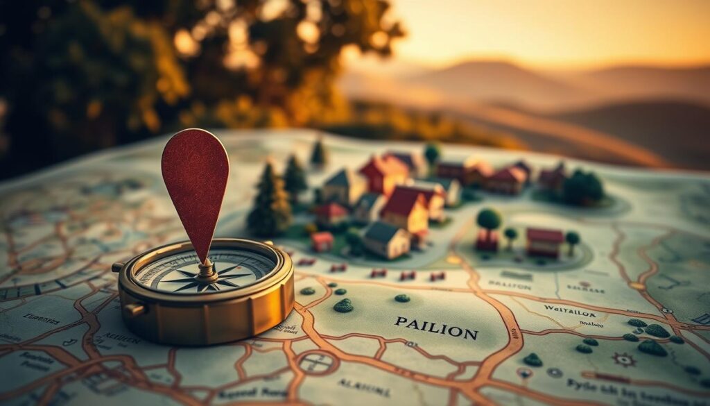 A detailed map showcasing the residence of a popular online creator, named Palion. In the foreground, a vintage compass and a map marker highlighting the location with an elegant, modern aesthetic. The middle layer depicts a stylized neighborhood with distinct, colorful houses, showcasing elements like lush greenery and cozy streets, giving it a friendly, inviting feel. In the background, soft hills or mountains add depth, suggesting tranquility. The lighting is warm and golden, evoking a sense of nostalgia, as if captured during the golden hour. The image is framed from a slightly elevated angle to provide a comprehensive view of the area. The overall atmosphere is calm and welcoming, inviting the viewer to explore this intriguing location. A detailed map showcasing the residence of a popular online creator, named Palion. In the foreground, a vintage compass and a map marker highlighting the location with an elegant, modern aesthetic. The middle layer depicts a stylized neighborhood with distinct, colorful houses, showcasing elements like lush greenery and cozy streets, giving it a friendly, inviting feel. In the background, soft hills or mountains add depth, suggesting tranquility. The lighting is warm and golden, evoking a sense of nostalgia, as if captured during the golden hour. The image is framed from a slightly elevated angle to provide a comprehensive view of the area. The overall atmosphere is calm and welcoming, inviting the viewer to explore this intriguing location.