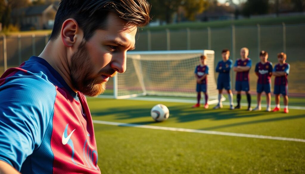 A detailed portrait of Lionel Messi in training, focusing on his athletic prowess and determination. In the foreground, Messi is depicted in a blue and maroon football kit, sweat glistening on his brow as he dribbles a soccer ball with precision. In the middle, a soccer field with vibrant green grass and goalposts can be seen, while a group of young aspiring players in the background watch in admiration, capturing the essence of mentorship. The scene is bathed in warm, late afternoon sunlight, casting long shadows and creating an inspirational atmosphere. Shot from a slightly low angle to emphasize Messi's stature as a football legend, creating a dynamic and engaging composition. A detailed portrait of Lionel Messi in training, focusing on his athletic prowess and determination. In the foreground, Messi is depicted in a blue and maroon football kit, sweat glistening on his brow as he dribbles a soccer ball with precision. In the middle, a soccer field with vibrant green grass and goalposts can be seen, while a group of young aspiring players in the background watch in admiration, capturing the essence of mentorship. The scene is bathed in warm, late afternoon sunlight, casting long shadows and creating an inspirational atmosphere. Shot from a slightly low angle to emphasize Messi's stature as a football legend, creating a dynamic and engaging composition.