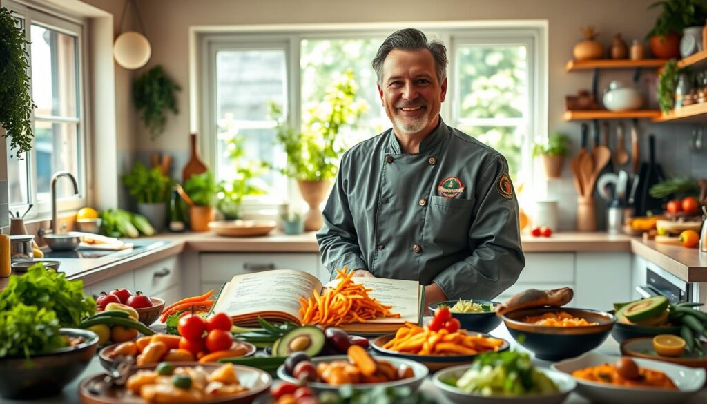 A distinguished culinary expert, Robert Makłowicz, stands confidently in a vibrant kitchen filled with fresh ingredients and various cooking tools. He is dressed in a professional chef's jacket with a subtle logo, smiling warmly at the viewer. In the foreground, a beautifully arranged table showcases an array of colorful dishes from different cultures, emphasizing his culinary journey. The middle ground features an open cookbook, pages fluttering slightly as if a gentle breeze is present, filled with handwritten notes and sketches. In the background, sunlight streams through a large window, illuminating an herb garden, adding a touch of warmth and inspiration to the scene. The overall mood is inviting and passionate, conveying the essence of a culinary career that embraces exploration and creativity.