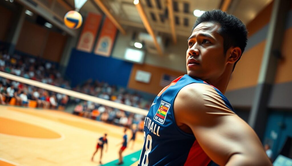 A dynamic depiction of Wilfredo Leon in the foreground, showcasing him in an action pose during a high-stakes volleyball match, wearing a national team jersey with visible determination on his face. The middle ground features a vibrant volleyball court filled with energetic spectators, emphasizing the intensity of the sport. In the background, blurred images of training equipment and gym walls convey a sense of dedication to the sport. The lighting is bright and dramatic, highlighting Leon’s athletic physique and focused expression, with a slight lens vignette enhancing the atmosphere of competitive spirit. The overall mood of the image is inspiring and motivational, capturing the essence of a sports career dedicated to excellence. A dynamic depiction of Wilfredo Leon in the foreground, showcasing him in an action pose during a high-stakes volleyball match, wearing a national team jersey with visible determination on his face. The middle ground features a vibrant volleyball court filled with energetic spectators, emphasizing the intensity of the sport. In the background, blurred images of training equipment and gym walls convey a sense of dedication to the sport. The lighting is bright and dramatic, highlighting Leon’s athletic physique and focused expression, with a slight lens vignette enhancing the atmosphere of competitive spirit. The overall mood of the image is inspiring and motivational, capturing the essence of a sports career dedicated to excellence.