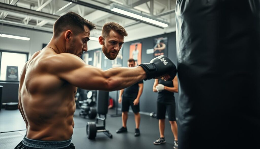 A dynamic interior gym scene showcasing a professional athlete, Jacek Murański, engaging in training. In the foreground, a muscular figure in modest sports attire is depicted mid-action, throwing a punch at a heavy bag, sweat glistening on their brow. The middle ground features various workout equipment, like weights and mats, with a couple of focused individuals observing his technique. In the background, bright gym lighting highlights the energetic atmosphere, complemented by motivational posters on the walls. A wide-angle lens perspective adds depth, capturing the intensity and dedication of a professional fighter. The mood is inspiring, evoking determination and the spirit of a sportsman.