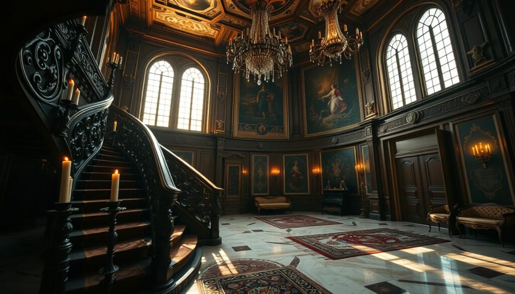 A grand interior of Cantacuzino Castle, showcasing its opulent architectural details. In the foreground, an intricately carved wooden staircase spirals upwards, adorned with elaborate banisters and vintage candles casting a warm, flickering light. The middle ground features elegant, richly patterned rugs on polished marble floors and ornate tapestries depicting historical scenes. Large windows allow soft, golden sunlight to filter in, casting dramatic shadows and highlighting the exquisite craftsmanship. In the background, a magnificent chandelier hangs from a high ceiling adorned with frescoes. The atmosphere is mysterious and enchanting, reminiscent of a gothic fairytale, perfectly suited for the ambiance of Wednesday’s world. Capture this scene at a slight low angle to emphasize the grandeur and depth of the space.