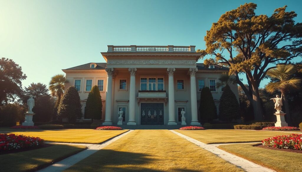 A grand political residence, exuding elegance and power, set in a serene, well-manicured garden. In the foreground, a stately entrance with ornate double doors, framed by tall columns and intricate carvings, showcasing an air of authority. The middle ground features expansive lawns dotted with vibrant flowers and strategically placed sculptures, creating a balanced composition. In the background, majestic trees provide a backdrop against a clear blue sky. Soft, warm lighting illuminates the scene, casting gentle shadows that enhance the architectural details. The mood is both authoritative and inviting, reflecting the secrets and speculation surrounding the life of a prominent politician. No human subjects are present, keeping the focus on the residence itself, devoid of any text or logos.