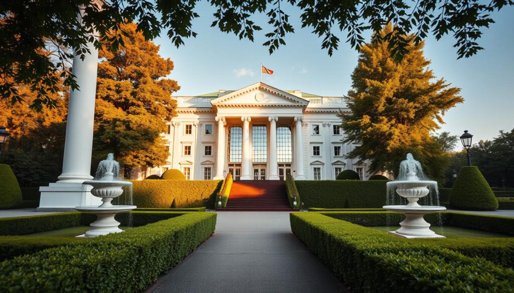 A grand view of the official residence of the President of Poland, featuring a majestic neoclassical building with white pillars and a beautifully manicured garden. In the foreground, a neatly trimmed hedge lines the walkway, leading to the entrance, where elegant fountains add a touch of sophistication. The middle ground showcases the building’s impressive façade with large windows reflecting the afternoon sunlight, creating a warm glow. The background includes lush green trees and a clear blue sky, enhancing the tranquil atmosphere. The scene is captured from a low angle, emphasizing the grandeur of the architecture, with soft, natural lighting to evoke a sense of reverence and respect for this important political site.
