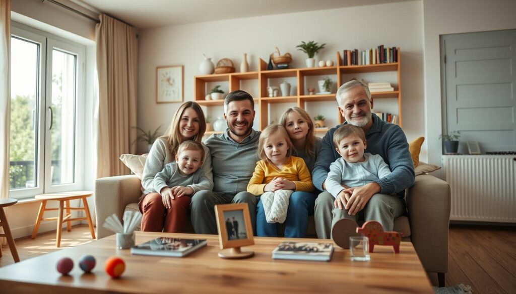 A heartwarming family portrait featuring Jarek Onopiuk and his family in their cozy home located in Plutyczach. The scene is set in a warm, inviting living room filled with natural light streaming through large windows. In the foreground, Jarek is seated with his spouse and two children, all dressed in modest, casual clothing that reflects their everyday life. The middle ground showcases a wooden coffee table with family photographs and a few toys scattered about, adding a personal touch. In the background, a bookshelf filled with books and small houseplants enhances the homely atmosphere. The lighting is soft and warm, evoking a sense of togetherness and comfort, while a slight depth of field focuses on the family, giving the image an intimate feel.
