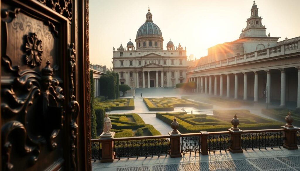 A historical depiction of the Pope's residence, showcasing the evolution of papal living quarters over the centuries. In the foreground, an ornate wooden door adorned with intricate carvings, symbolizing tradition and spirituality. The middle ground features a grand courtyard with lush greenery and classical statues, reflective of a serene yet majestic atmosphere. In the background, an iconic basilica with majestic domes and arches, bathed in soft, warm sunlight. The scene is set at dawn, with a gentle mist hovering over the landscape, creating a tranquil mood. Use a wide-angle lens to capture the full grandeur of the architecture, emphasizing the historical significance of the Pope's residence. The overall atmosphere should evoke a sense of reverence and history. A historical depiction of the Pope's residence, showcasing the evolution of papal living quarters over the centuries. In the foreground, an ornate wooden door adorned with intricate carvings, symbolizing tradition and spirituality. The middle ground features a grand courtyard with lush greenery and classical statues, reflective of a serene yet majestic atmosphere. In the background, an iconic basilica with majestic domes and arches, bathed in soft, warm sunlight. The scene is set at dawn, with a gentle mist hovering over the landscape, creating a tranquil mood. Use a wide-angle lens to capture the full grandeur of the architecture, emphasizing the historical significance of the Pope's residence. The overall atmosphere should evoke a sense of reverence and history.