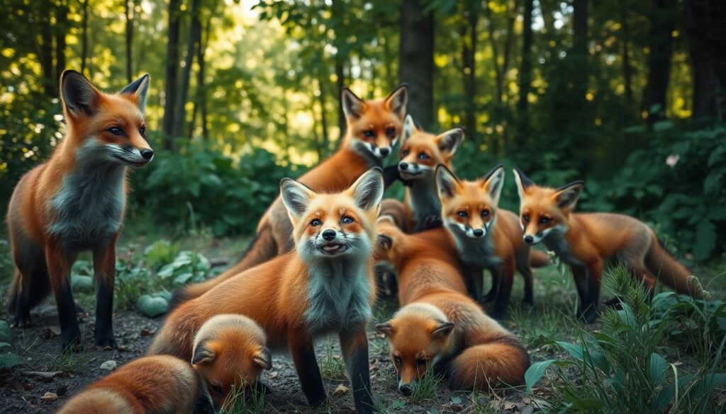 A lively scene depicting a group of red foxes engaging in social behaviors in a natural woodland setting. In the foreground, a fox is playfully interacting with its companions, showing curiosity and connection. In the middle, a family of foxes is seen grooming each other and communicating through body language, highlighting their social bonds. The background features lush green foliage and dappled sunlight filtering through the trees, creating a warm, inviting atmosphere. The image should be captured from a low angle, emphasizing the foxes’ vibrant fur and expressive faces. The mood should be playful and cooperative, reflecting the camaraderie within the group.