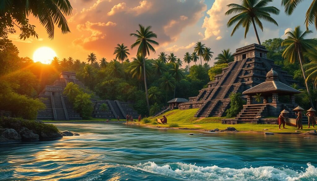 A lush, tropical landscape depicting an ancient Mayan settlement, with intricately designed stone pyramids and temples surrounded by dense jungle. In the foreground, a clear, flowing river reflects the vibrant green foliage. The middle ground showcases a bustling village scene where Mayan individuals are engaged in daily activities, dressed in colorful traditional attire, weaving cloth and trading goods. The background features towering palm trees and a radiant sunset casting warm golden light over the scene, creating a serene and mystical atmosphere. The perspective is slightly elevated, capturing a panoramic view of the entire settlement, emphasizing the harmonious relationship between the Mayans and their environment. A lush, tropical landscape depicting an ancient Mayan settlement, with intricately designed stone pyramids and temples surrounded by dense jungle. In the foreground, a clear, flowing river reflects the vibrant green foliage. The middle ground showcases a bustling village scene where Mayan individuals are engaged in daily activities, dressed in colorful traditional attire, weaving cloth and trading goods. The background features towering palm trees and a radiant sunset casting warm golden light over the scene, creating a serene and mystical atmosphere. The perspective is slightly elevated, capturing a panoramic view of the entire settlement, emphasizing the harmonious relationship between the Mayans and their environment.