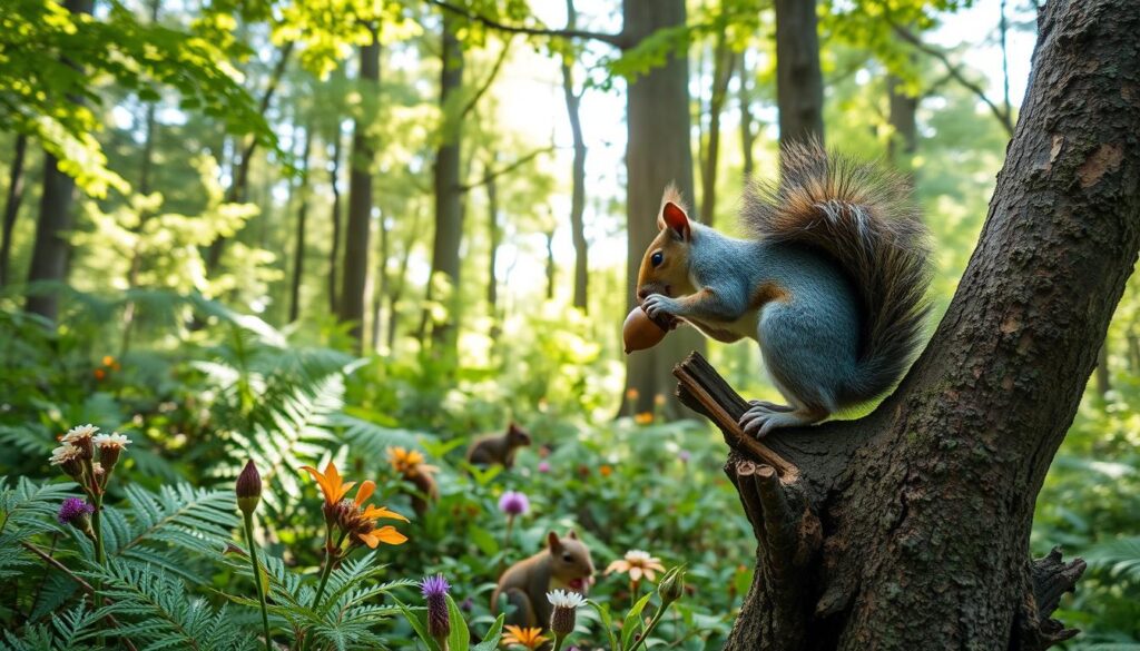 A lush, vibrant forest scene showcasing the ecological role of squirrels within their ecosystem. In the foreground, a lively gray squirrel is perched on a tree branch, nibbling on an acorn, with its fluffy tail prominently displayed. The middle ground features diverse flora, such as ferns and wildflowers, along with a clear view of other small woodland creatures, highlighting their interactions. In the background, towering trees create a dappled sunlight effect, filtering through the leaves and casting gentle shadows on the forest floor. The atmosphere is serene and balanced, conveying a sense of harmony in nature. Photography-style, with natural light to enhance the vivid colors and rich textures, using a slight depth of field to focus on the squirrel while softly blurring the background. A lush, vibrant forest scene showcasing the ecological role of squirrels within their ecosystem. In the foreground, a lively gray squirrel is perched on a tree branch, nibbling on an acorn, with its fluffy tail prominently displayed. The middle ground features diverse flora, such as ferns and wildflowers, along with a clear view of other small woodland creatures, highlighting their interactions. In the background, towering trees create a dappled sunlight effect, filtering through the leaves and casting gentle shadows on the forest floor. The atmosphere is serene and balanced, conveying a sense of harmony in nature. Photography-style, with natural light to enhance the vivid colors and rich textures, using a slight depth of field to focus on the squirrel while softly blurring the background.