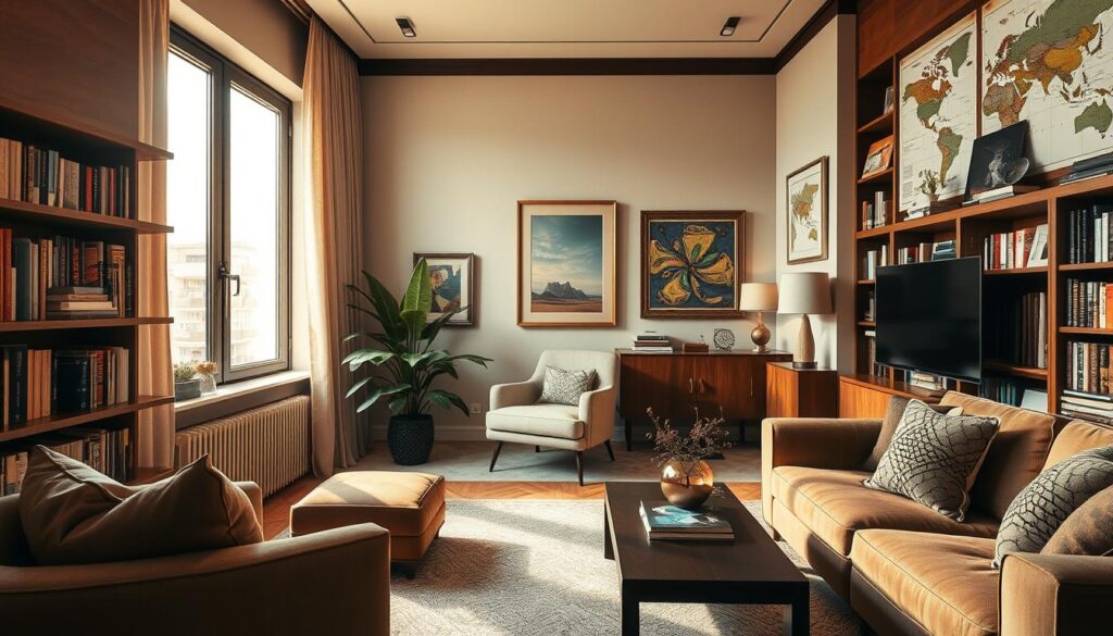A luxurious and elegantly designed living space reflecting the personality of a prominent journalist and traveler. In the foreground, a stylish, inviting room featuring modern furniture with earthy tones and soft textures, adorned with bookshelves filled with travel literature and photographs from around the world. A large window allows warm, natural light to flood in, casting soft shadows. In the middle, a cozy reading nook with a plush armchair positioned beside a potted plant, emphasizing comfort and sophistication. In the background, tasteful decor, including framed artwork and inspirational travel maps. The atmosphere feels serene and uplifting, embodying creativity and exploration, perfect for a personality like Kinga Rusin. The scene is captured in a wide-angle view, highlighting the inviting and warm ambiance.