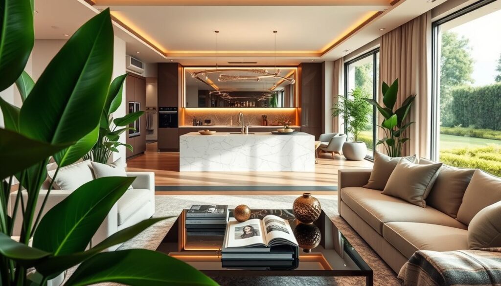 A luxurious and modern home interior inspired by the stylish tastes of a celebrity. In the foreground, a chic living room with plush furniture in neutral tones, accented by lush green plants. A sleek coffee table adorned with a coffee table book and a decorative vase sits in the center. The middle ground features a contemporary kitchen with a marble island and elegant lighting fixtures, reflecting a warm, inviting atmosphere. The background includes a large window revealing a panoramic view of a serene garden, bathed in soft, natural daylight. The overall mood is sophisticated yet cozy, evoking a sense of celebrity elegance and comfort. Capture this scene with a focus on realistic textures and soft shadows, using a wide-angle lens for depth. A luxurious and modern home interior inspired by the stylish tastes of a celebrity. In the foreground, a chic living room with plush furniture in neutral tones, accented by lush green plants. A sleek coffee table adorned with a coffee table book and a decorative vase sits in the center. The middle ground features a contemporary kitchen with a marble island and elegant lighting fixtures, reflecting a warm, inviting atmosphere. The background includes a large window revealing a panoramic view of a serene garden, bathed in soft, natural daylight. The overall mood is sophisticated yet cozy, evoking a sense of celebrity elegance and comfort. Capture this scene with a focus on realistic textures and soft shadows, using a wide-angle lens for depth.