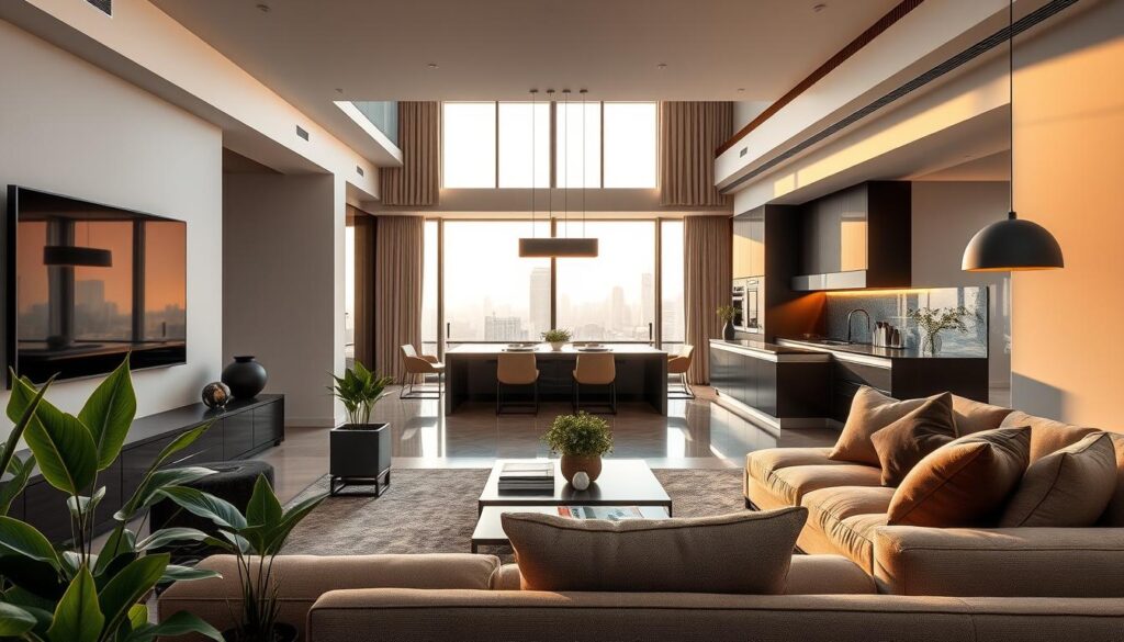 A luxurious apartment interior inspired by Dariusz Miłek's living space, featuring elegant modern furnishings. In the foreground, a stylish living room with a plush sofa, coffee table, and a large wall-mounted TV. Potted green plants add a touch of nature. In the middle ground, an open kitchen with high-end appliances and a sleek dining area, highlighting a sophisticated atmosphere. Large windows in the background let in soft, warm natural light, illuminating the space and providing a view of the city skyline. The atmosphere is tranquil yet refined, evoking a sense of wealth and comfort. The image should show no people but maintain a polished, inviting ambiance.