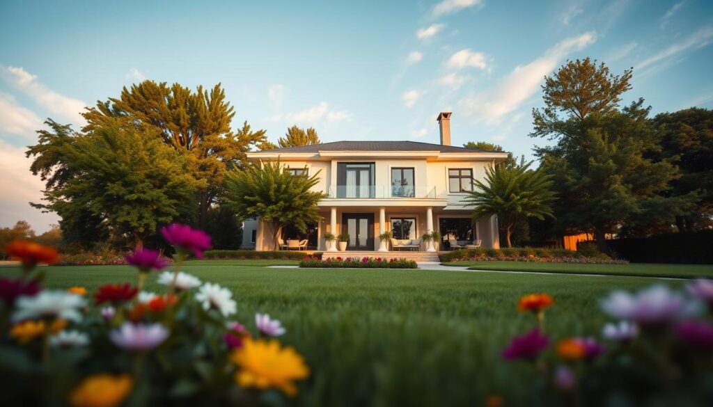 A luxurious, elegant house representing the residence of Polish Prime Minister Mateusz Morawiecki, showcasing a serene suburban atmosphere. In the foreground, a manicured garden with colorful flowers and a meticulously trimmed lawn. The middle ground features a modern, stylish two-story home with large windows and a welcoming entrance, evoking a sense of prestige and authority. The background consists of lush trees providing privacy, with a clear blue sky and gentle clouds, creating a calm and inviting mood. Soft, warm lighting emphasizes the home’s architecture, while a low-angle perspective accentuates its stature. The image is framed to draw attention to the inviting entryway, symbolizing the home of a leader in contemporary Poland.