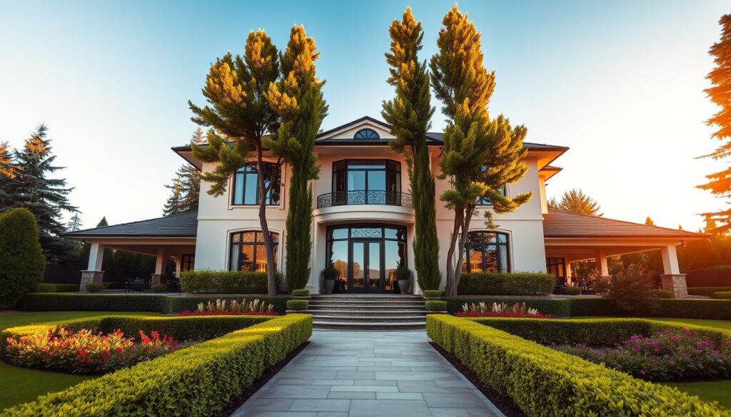 A luxurious estate belonging to Michał Wiśniewski, showcasing a grand facade with modern architecture and elegant landscaping. In the foreground, lush green gardens with neatly trimmed hedges and colorful flower beds surround a beautiful stone pathway leading to the entrance. The middle layer features large windows and a stylish front door, reflecting a blend of contemporary design with classic elements. In the background, tall trees provide privacy and a serene atmosphere. The scene is bathed in warm, golden sunlight, creating a welcoming and peaceful mood. Captured from a slightly elevated angle, the composition highlights the impressive scale of the property against a clear blue sky, emphasizing its status and sophistication.