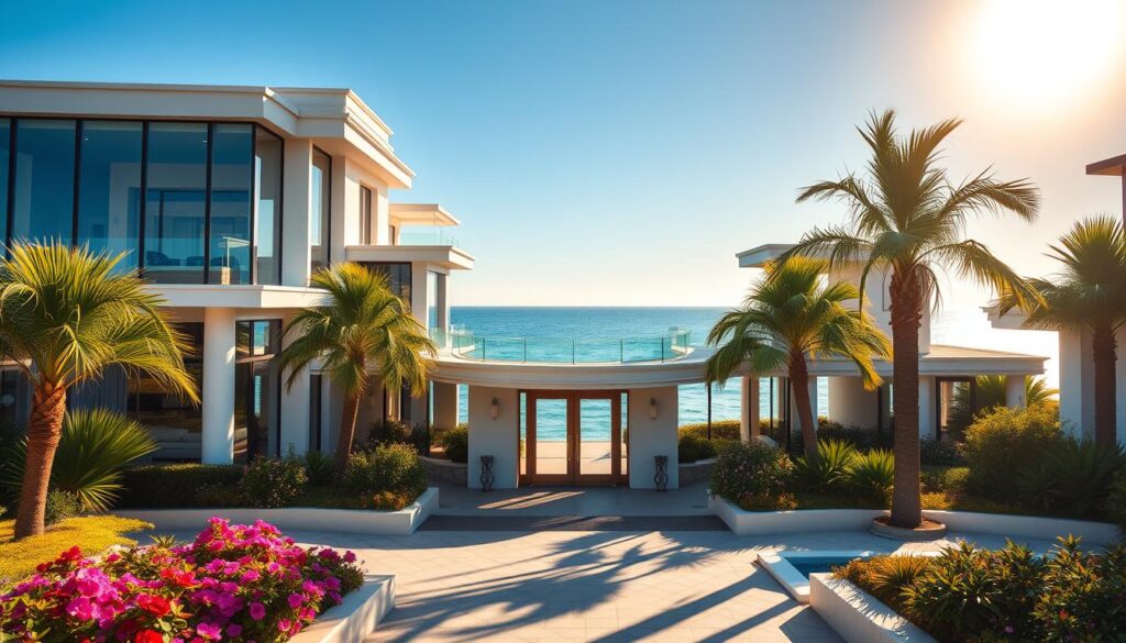 A luxurious mansion in a sunny coastal setting, showcasing striking architecture with large glass windows and modern design elements. In the foreground, there are well-manicured gardens with vibrant flowers and palm trees swaying in the breeze. The middle layer features the grand entrance of the house, complete with elegant double doors and a stylish porch. In the background, the ocean sparkles under a bright blue sky, hinting at the property’s proximity to the beach. The lighting is warm and inviting, reminiscent of a golden hour sunset, creating an atmosphere of tranquility and opulence. Capture this scene from a slightly elevated angle to give a sense of perspective and grandeur. The image should evoke an air of celebrity lifestyle without any human figures present. A luxurious mansion in a sunny coastal setting, showcasing striking architecture with large glass windows and modern design elements. In the foreground, there are well-manicured gardens with vibrant flowers and palm trees swaying in the breeze. The middle layer features the grand entrance of the house, complete with elegant double doors and a stylish porch. In the background, the ocean sparkles under a bright blue sky, hinting at the property’s proximity to the beach. The lighting is warm and inviting, reminiscent of a golden hour sunset, creating an atmosphere of tranquility and opulence. Capture this scene from a slightly elevated angle to give a sense of perspective and grandeur. The image should evoke an air of celebrity lifestyle without any human figures present.
