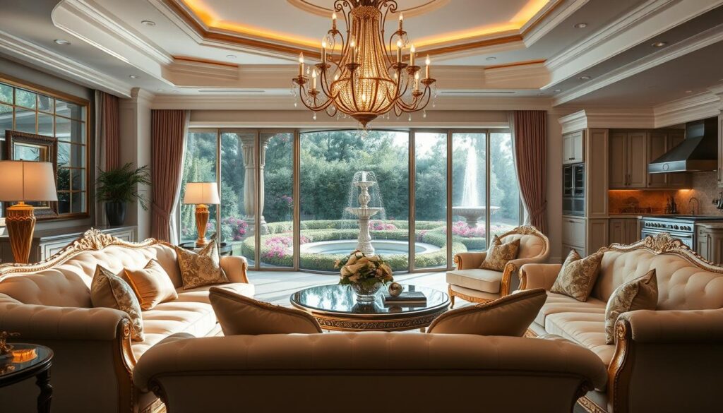 A luxurious mansion interior inspired by Dominik Abus's lifestyle, featuring elegant furnishings and opulent decor. In the foreground, a stylish living room with plush, cream-colored sofas adorned with gold and silver accents. A striking chandelier hangs from the ceiling, casting warm, inviting light across the room. In the middle ground, large windows reveal a manicured garden with colorful flowers and a decorative water fountain, enhancing the luxurious atmosphere. In the background, a tastefully designed kitchen with high-end appliances is visible. The scene captures an inviting, sophisticated mood, with soft natural lighting filtering through the windows, creating a serene and welcoming ambiance. The composition should be framed from a slightly elevated angle to showcase the grandeur of the space.
