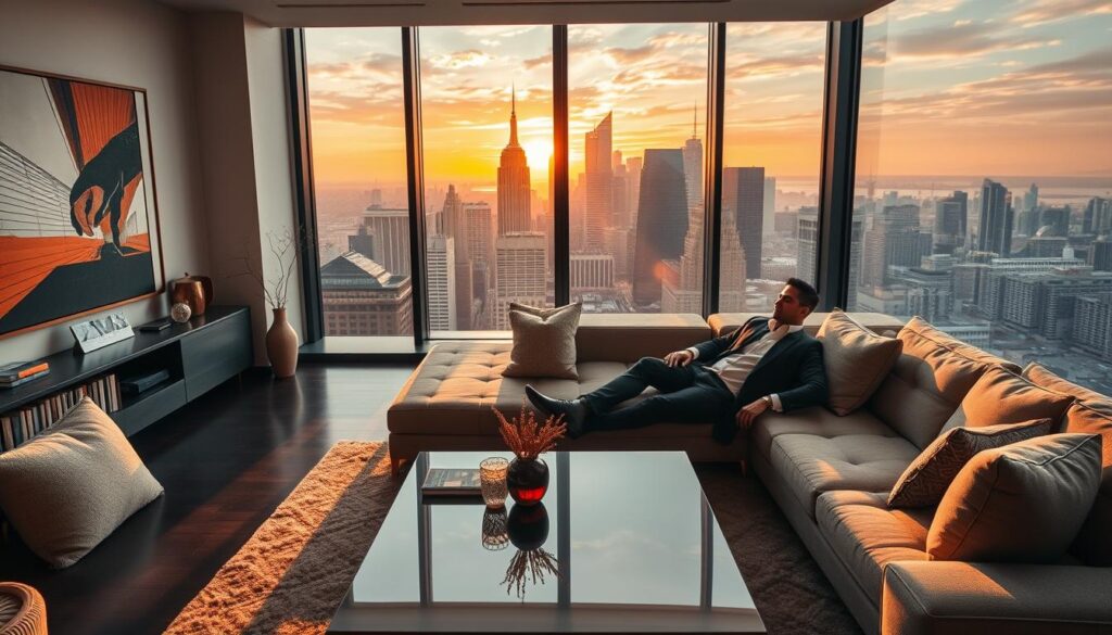 A luxurious, modern apartment interior that reflects the sophisticated taste of a celebrity. In the foreground, a stylish living room with plush furnishings, elegant artwork on the walls, and a sleek coffee table. Large windows allow natural light to flood the space, revealing a breathtaking cityscape in the background—a vibrant skyline with towering buildings and a sunset casting warm golden hues. Soft shadows enhance the mood, creating a welcoming yet upscale ambiance. The middle layer features subtle details like bookshelves filled with books and unique decor items, suggesting a cultured lifestyle. A well-dressed individual, casually lounging on a designer sofa, embodies a relaxed yet polished demeanor. This composition captures the essence of a contemporary celebrity's living space, with an emphasis on comfort and luxury.