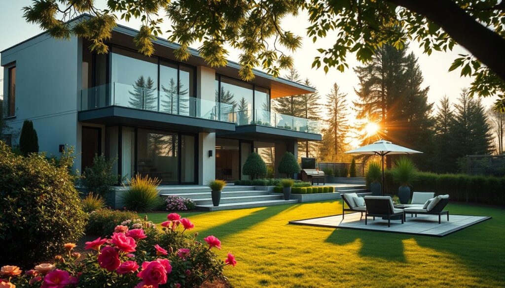 A luxurious modern home nestled in a serene suburban setting, representing Robert Lewandowski's residence. The foreground features a beautifully manicured garden with vibrant flowers and a stylish outdoor patio, perfect for relaxation. The middle ground showcases the elegant architecture of the house, characterized by large windows and a sleek facade, blending contemporary design with warmth. In the background, soft greenery and tall trees create a tranquil, private environment. The scene is illuminated by warm, golden sunlight, casting gentle shadows that enhance the inviting atmosphere. The image captures a peaceful, affluent lifestyle, reflecting the successful life of a professional athlete. The composition should be taken from a slightly elevated angle, offering a complete view of the property without any people present. A luxurious modern home nestled in a serene suburban setting, representing Robert Lewandowski's residence. The foreground features a beautifully manicured garden with vibrant flowers and a stylish outdoor patio, perfect for relaxation. The middle ground showcases the elegant architecture of the house, characterized by large windows and a sleek facade, blending contemporary design with warmth. In the background, soft greenery and tall trees create a tranquil, private environment. The scene is illuminated by warm, golden sunlight, casting gentle shadows that enhance the inviting atmosphere. The image captures a peaceful, affluent lifestyle, reflecting the successful life of a professional athlete. The composition should be taken from a slightly elevated angle, offering a complete view of the property without any people present.
