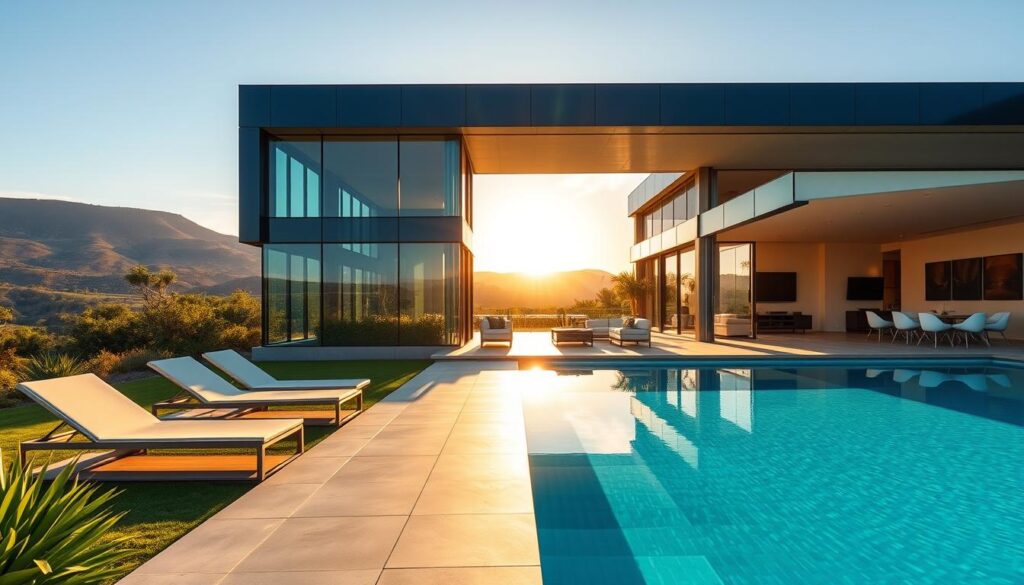 A luxurious modern mansion in California, featuring sleek glass walls and a spacious outdoor area filled with lush greenery. In the foreground, a pristine swimming pool reflects the bright blue sky, with elegant poolside lounge chairs. The middle of the scene highlights the mansion's contemporary architecture, showcasing a spacious living room with open spaces and stylish furnishings, accented by warm, natural sunlight streaming in. In the background, rolling hills and a colorful sunset create a serene yet vibrant atmosphere, symbolizing the lifestyle of a global pop star. The angle is slightly elevated, capturing the grandeur of the property and its exquisite location, with a focus on sophistication and allure. A luxurious modern mansion in California, featuring sleek glass walls and a spacious outdoor area filled with lush greenery. In the foreground, a pristine swimming pool reflects the bright blue sky, with elegant poolside lounge chairs. The middle of the scene highlights the mansion's contemporary architecture, showcasing a spacious living room with open spaces and stylish furnishings, accented by warm, natural sunlight streaming in. In the background, rolling hills and a colorful sunset create a serene yet vibrant atmosphere, symbolizing the lifestyle of a global pop star. The angle is slightly elevated, capturing the grandeur of the property and its exquisite location, with a focus on sophistication and allure.
