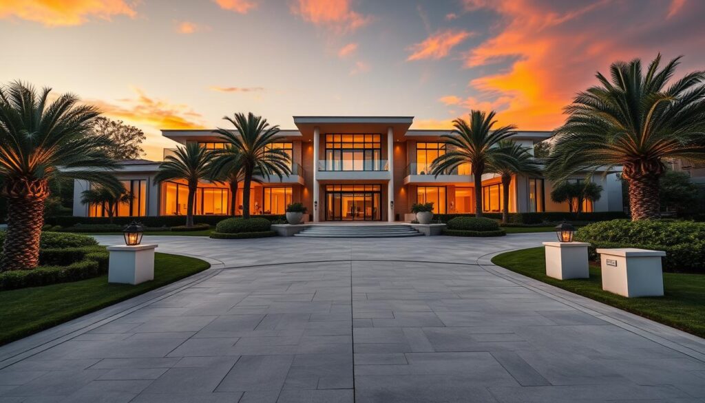 A luxurious modern mansion representing Kylie Jenner's home purchase, set in an upscale California neighborhood. In the foreground, an elegant driveway leads up to the house, adorned with lush greenery and palm trees. In the middle, the striking facade of the mansion showcases large glass windows and contemporary architecture, illuminated by warm, golden evening light that casts soft shadows. In the background, a serene sunset adds a vibrant orange hue to the sky, enhancing the opulence of the scene. The atmosphere conveys a sense of success and celebrity lifestyle, inviting viewers to appreciate the grandeur of the property. The image should be shot with a wide-angle lens for a detailed perspective, capturing the essence of luxury living, free of any people or text elements.