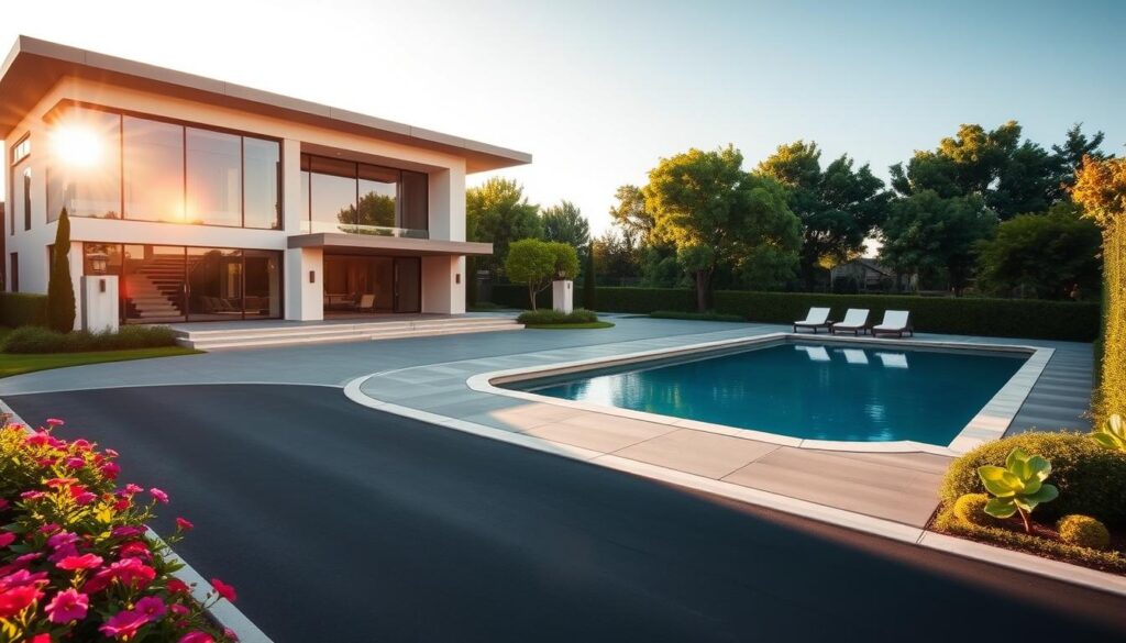 A luxurious, modern mansion set in a serene, upscale neighborhood, showcasing sleek architecture and expansive windows that reflect the sunlight. In the foreground, a stylish driveway leads to the entrance, surrounded by well-manicured gardens with vibrant flowers. The middle ground features a sparkling swimming pool with elegant lounge chairs, perfect for relaxation. In the background, lush green trees provide privacy and a sense of tranquility. The scene is lit by warm, golden afternoon sunlight, creating an inviting and peaceful atmosphere. The composition is captured with a slightly elevated angle, giving a panoramic view of the property, emphasizing its luxury and grandeur. The image embodies a sense of exclusivity and sophistication, making it visually engaging.