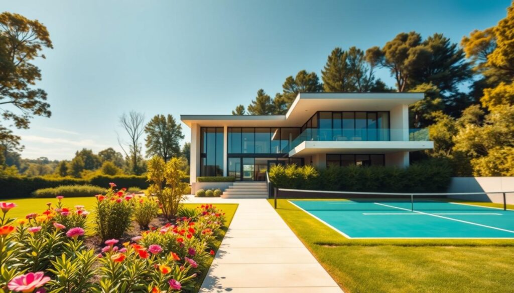 A luxurious modern residence of a professional tennis player, featuring a sleek, contemporary design. In the foreground, a well-tended garden with vibrant flowers and a pristine pathway leading to the entrance. The middle of the composition showcases the elegant façade of the house, with large glass windows reflecting sunlight, and a spacious terrace overlooking a private tennis court. In the background, lush greenery surrounds the property, indicating a serene suburban setting, with a clear blue sky overhead. The lighting is warm and inviting, creating a peaceful atmosphere that embodies a successful athlete's lifestyle. Capture this scene from a slightly elevated angle, emphasizing the home's grandeur and the vibrant outdoor space.