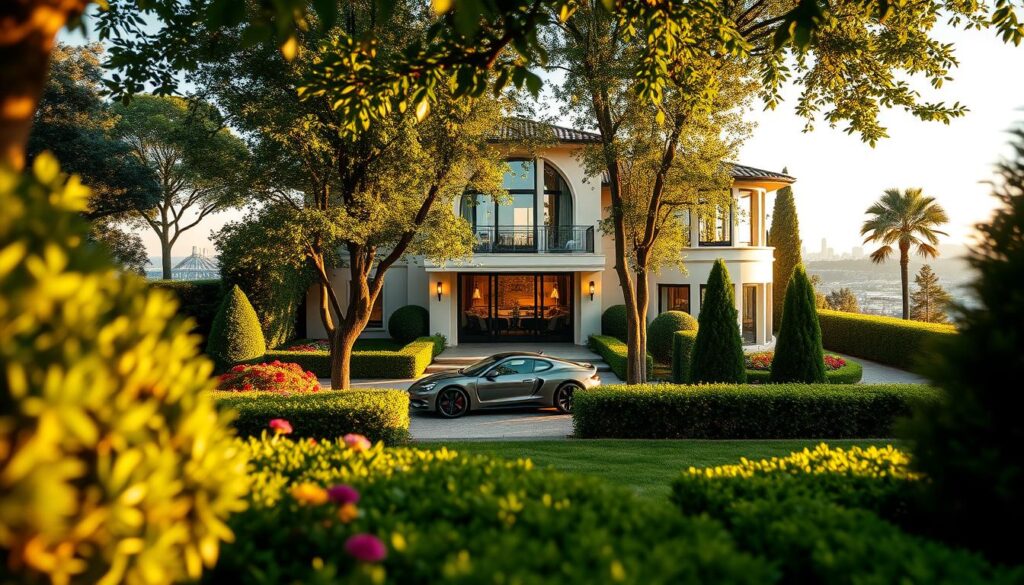A luxurious villa surrounded by lush greenery, representing the home of Kylian Mbappé. In the foreground, well-manicured hedges and colorful flowers frame the entrance, inviting curiosity. The middle ground features the impressive facade of the villa, with large windows reflecting the soft afternoon sunlight. A sleek car is parked in the driveway, hinting at the lifestyle of a football superstar. In the background, glimpses of the city skyline can be seen, blending urban elegance with tranquil living. The image captures a warm, inviting atmosphere, with a golden hour glow lending a sense of prestige and comfort. The lens perspective is slightly elevated, providing a comprehensive view of the property, highlighting both luxury and homeliness, while ensuring a positive, uplifting mood.