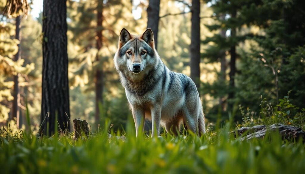 A majestic gray wolf standing proudly in its natural habitat, surrounded by lush, dense forest. The wolf, showcasing its thick, silvery-gray fur, gazes intently with piercing amber eyes, exuding a sense of strength and resilience. In the foreground, vibrant green grass and small wildflowers provide a natural frame, while the middle ground reveals tall pine trees and a hint of underbrush, creating a sense of depth. In the background, soft sunlight filters through the canopy, casting dappled light on the forest floor, enhancing the serene and protected atmosphere. The image captures the wolf’s essence as a symbol of conservation, with a peaceful yet powerful mood, emphasizing its status as a protected species.