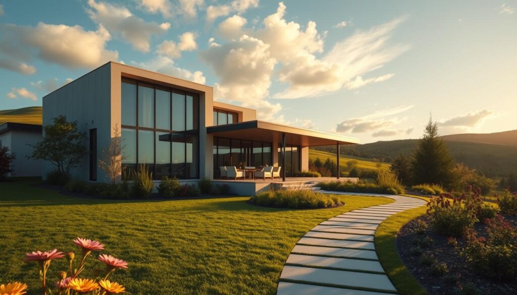 A modern, elegant house belonging to Edward Wełpa, surrounded by lush greenery and landscaped gardens. The foreground features a well-maintained pathway leading to the entrance, with vibrant flowers adding a pop of color. In the middle, the house itself boasts large glass windows reflecting the sunlight, a sleek facade, and a covered porch adorned with stylish outdoor furniture, inviting yet professional. In the background, gentle hills add depth to the scene under a clear blue sky with soft, white clouds. The lighting is warm and inviting, as if it’s late afternoon. The angle captures the house slightly from the side, showcasing its architecture and landscaping in harmony. The atmosphere is serene and prosperous, embodying the success and character of Edward Wełpa. A modern, elegant house belonging to Edward Wełpa, surrounded by lush greenery and landscaped gardens. The foreground features a well-maintained pathway leading to the entrance, with vibrant flowers adding a pop of color. In the middle, the house itself boasts large glass windows reflecting the sunlight, a sleek facade, and a covered porch adorned with stylish outdoor furniture, inviting yet professional. In the background, gentle hills add depth to the scene under a clear blue sky with soft, white clouds. The lighting is warm and inviting, as if it’s late afternoon. The angle captures the house slightly from the side, showcasing its architecture and landscaping in harmony. The atmosphere is serene and prosperous, embodying the success and character of Edward Wełpa.
