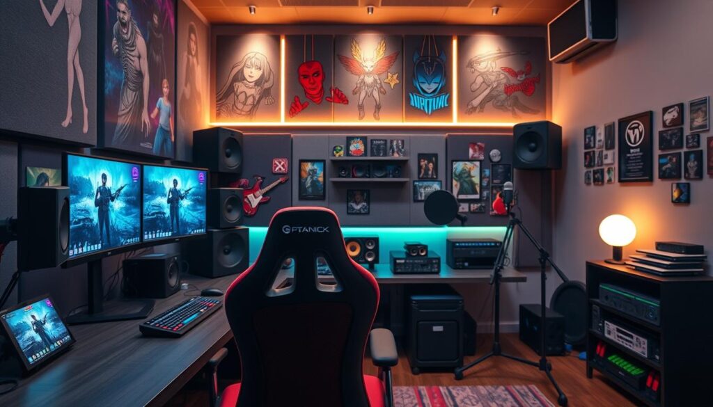 A modern recording studio designed for a gaming YouTuber, featuring a sleek and colorful setup. In the foreground, a high-end gaming desk with multiple monitors displaying game footage, a gaming chair with vibrant cushions, and professional audio equipment. The middle layer showcases soundproofing panels adorned with artistic graphics, and a microphone stand positioned for recording. In the background, a wall filled with gaming memorabilia and mood lighting casting a warm, inviting glow. The atmosphere is creative and dynamic, reflecting an energetic vibe suitable for a content creator. The scene is well-lit with soft, diffused lighting giving a polished look, captured from a slightly angled perspective to highlight the depth of the studio.