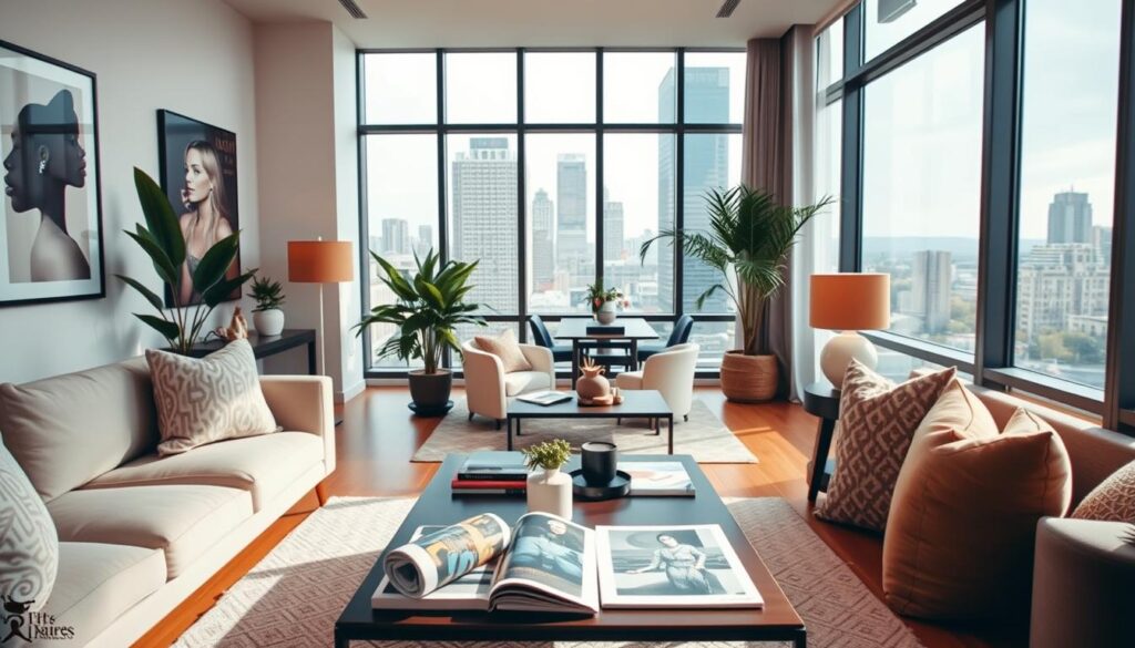 A modern, stylish apartment interior reflecting the personality of a popular actress and influencer. In the foreground, a neat living area with a chic sofa and decorative cushions, showcasing elegant houseplants and art on the walls. The midground features a contemporary coffee table adorned with magazines and stylish decor, while in the background, large windows allow natural light to flood the space, revealing a glimpse of a vibrant cityscape. The lighting is warm and inviting, creating a cozy atmosphere. Capture the scene with a soft focus lens, angled to highlight the plush textures and rich colors. The mood conveys sophistication and creativity, encapsulating a lifestyle that merges comfort and glamour. A modern, stylish apartment interior reflecting the personality of a popular actress and influencer. In the foreground, a neat living area with a chic sofa and decorative cushions, showcasing elegant houseplants and art on the walls. The midground features a contemporary coffee table adorned with magazines and stylish decor, while in the background, large windows allow natural light to flood the space, revealing a glimpse of a vibrant cityscape. The lighting is warm and inviting, creating a cozy atmosphere. Capture the scene with a soft focus lens, angled to highlight the plush textures and rich colors. The mood conveys sophistication and creativity, encapsulating a lifestyle that merges comfort and glamour.